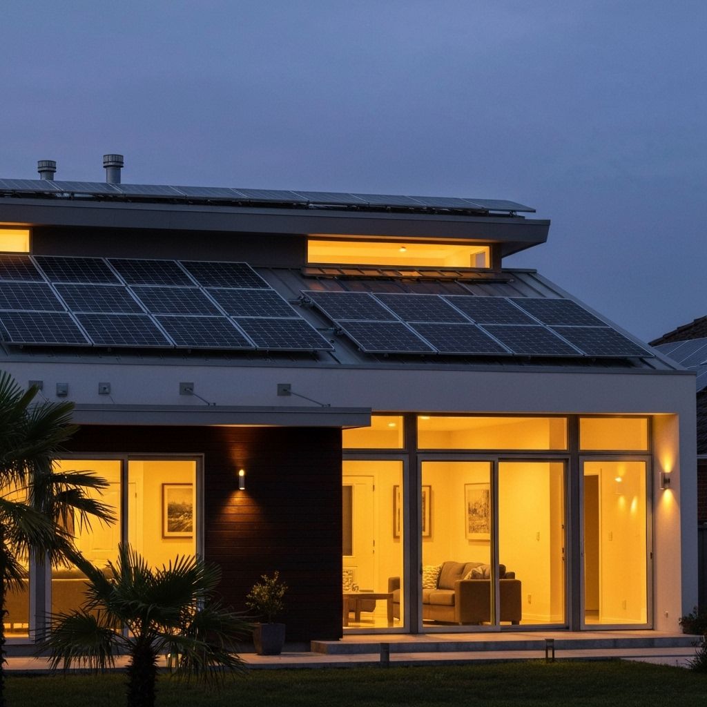 Modern home with ThriveSolar panels at dusk showing energy independence and sustainable living